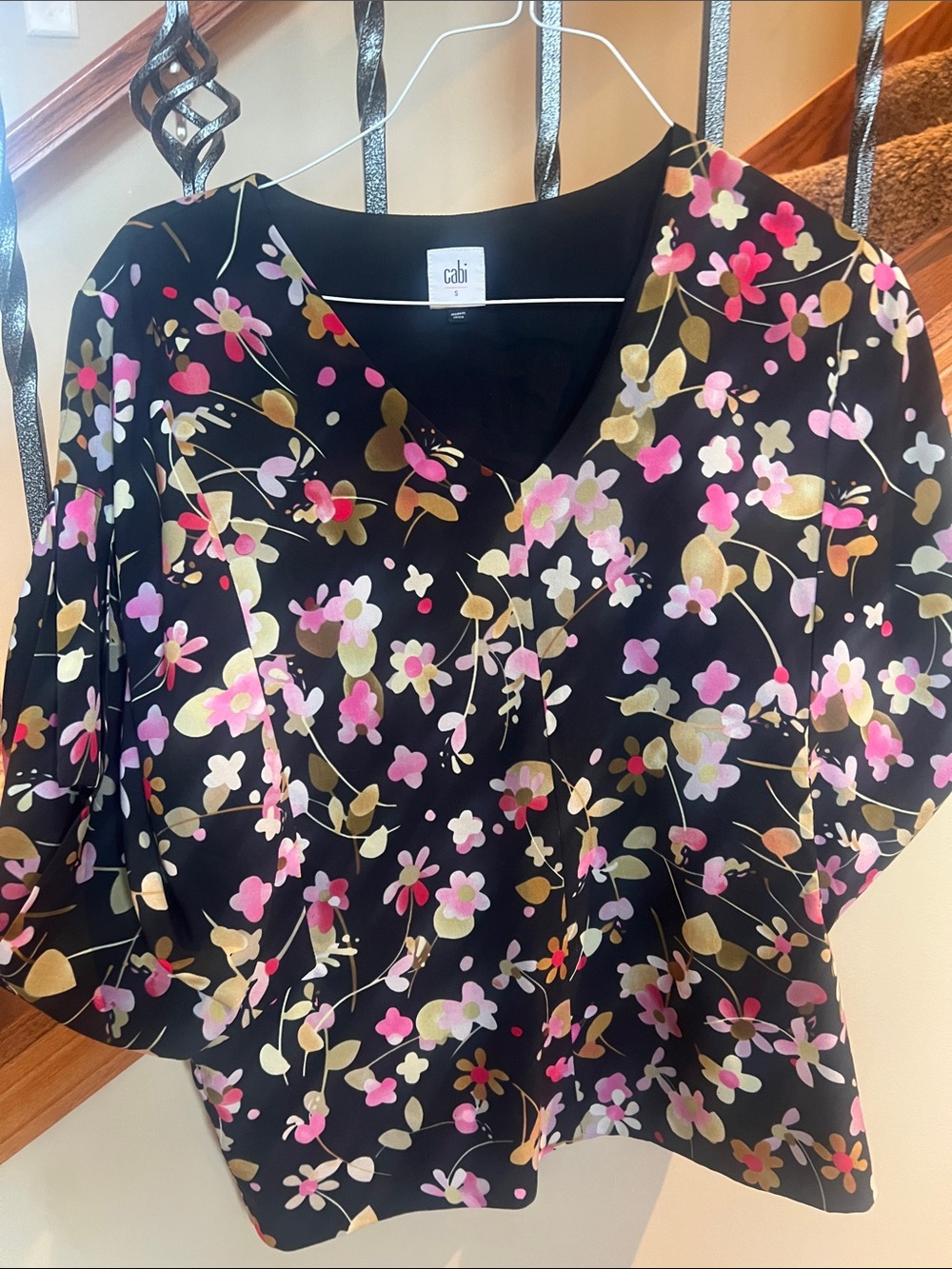 CAbi Black Floral V-Neck Blouse with Pink & Gold Blooms